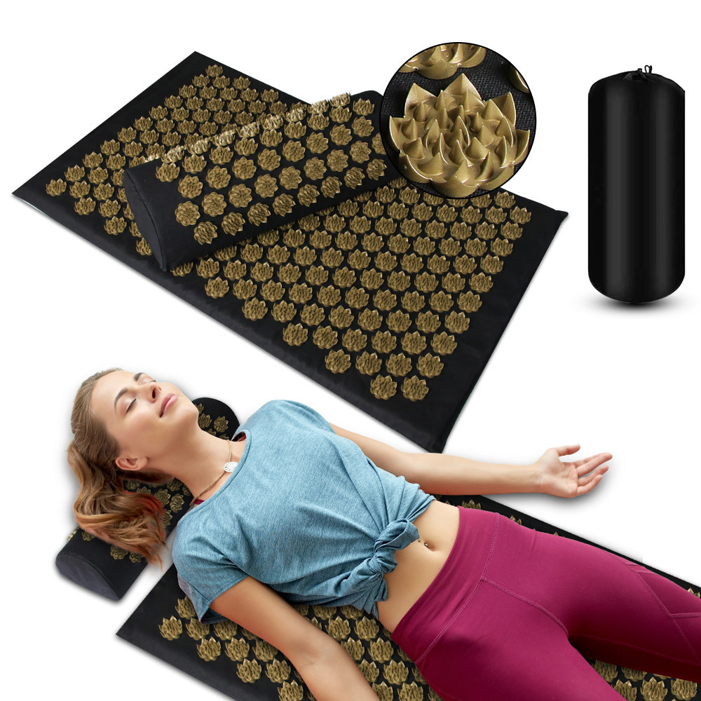 ZenRoot Acupressure Mat and Pillow Set - woman relaxing on acupressure mat