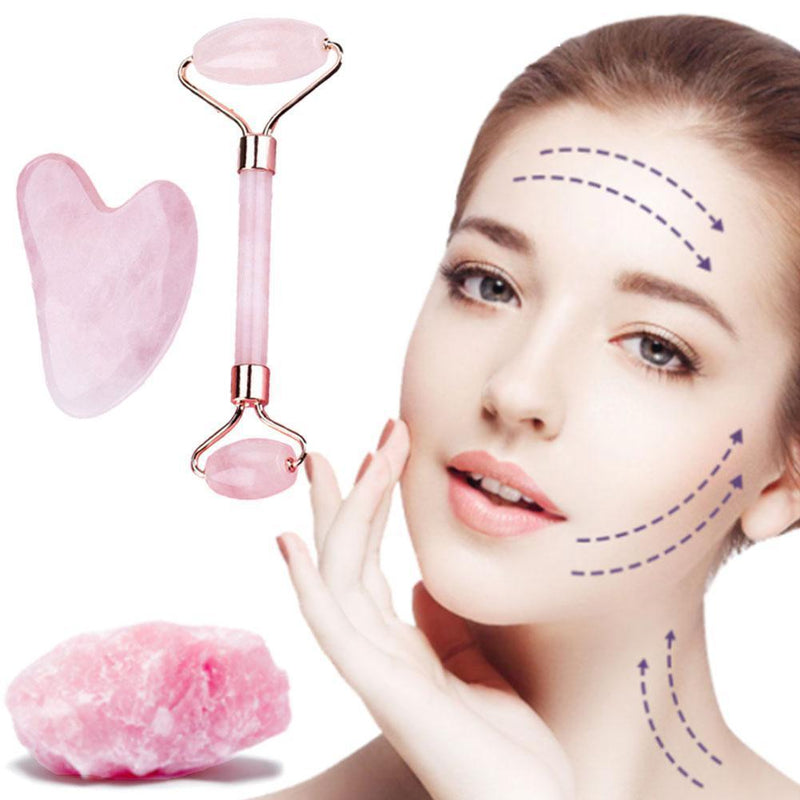 Rose Quartz Face Roller and Gua Sha Set - 2 in 1 facial massage tool