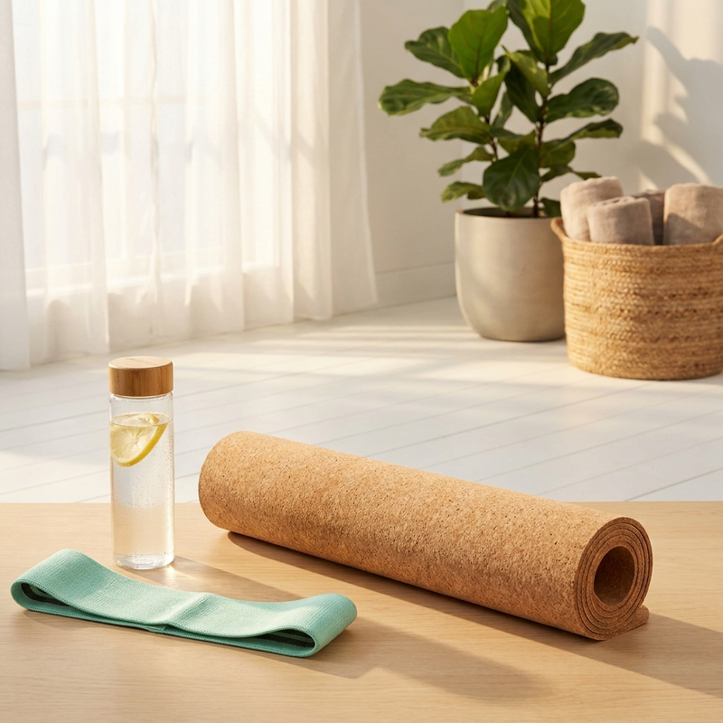 Yoga essentials kit bundle with natural cork mat, eco latex resistance band and glass water bottle
